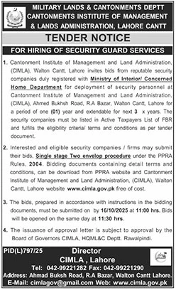 Military Lands & Cantonment Department Lahore Tender Notice